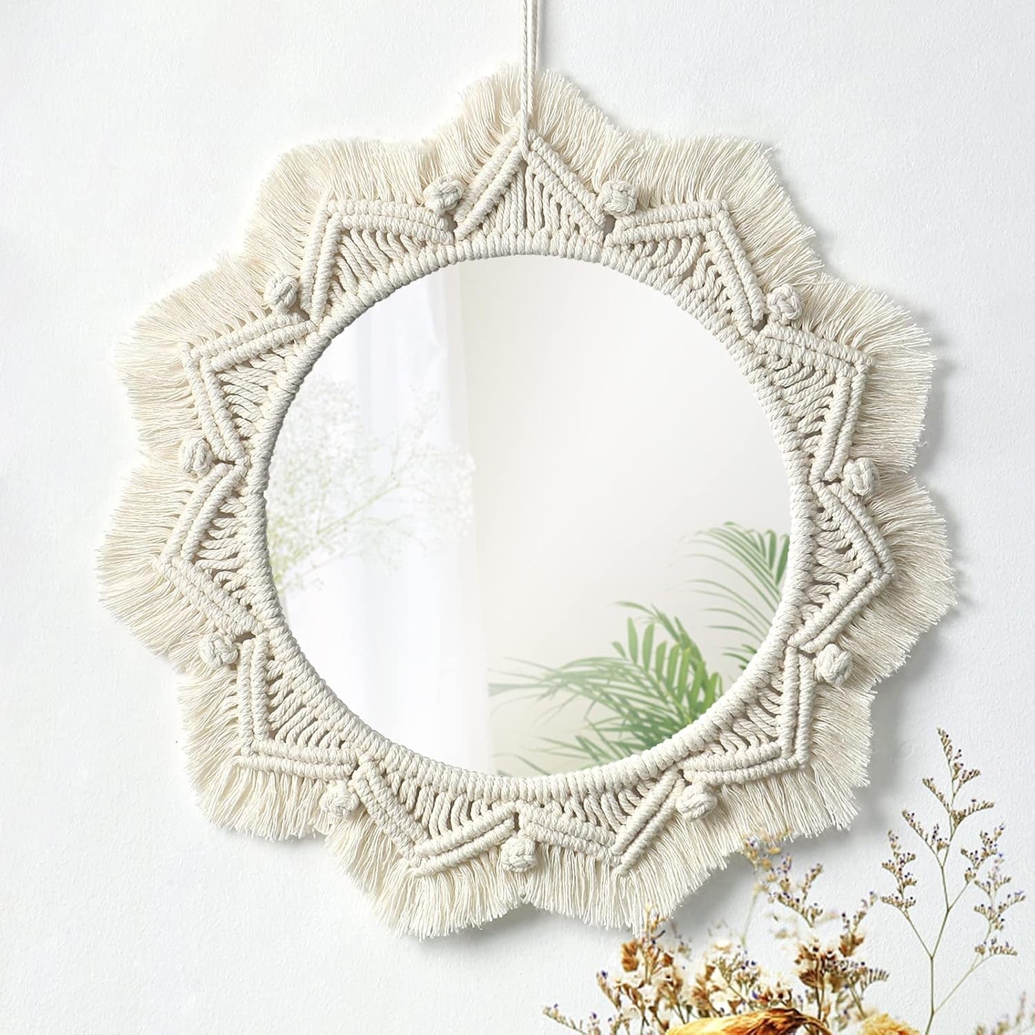 Beige Boho Macrame Wall Mirror 15" Round Decorative Art