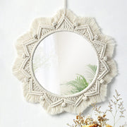 Beige Boho Macrame Wall Mirror 15" Round Decorative Art