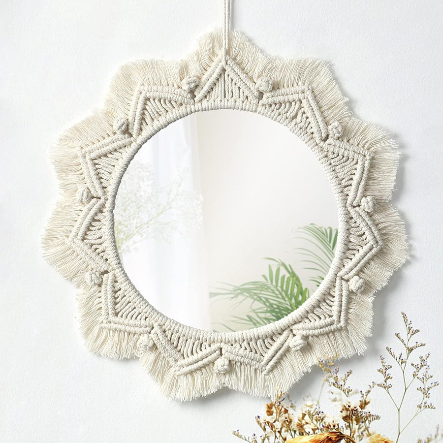 Beige Boho Macrame Wall Mirror 15" Round Decorative Art
