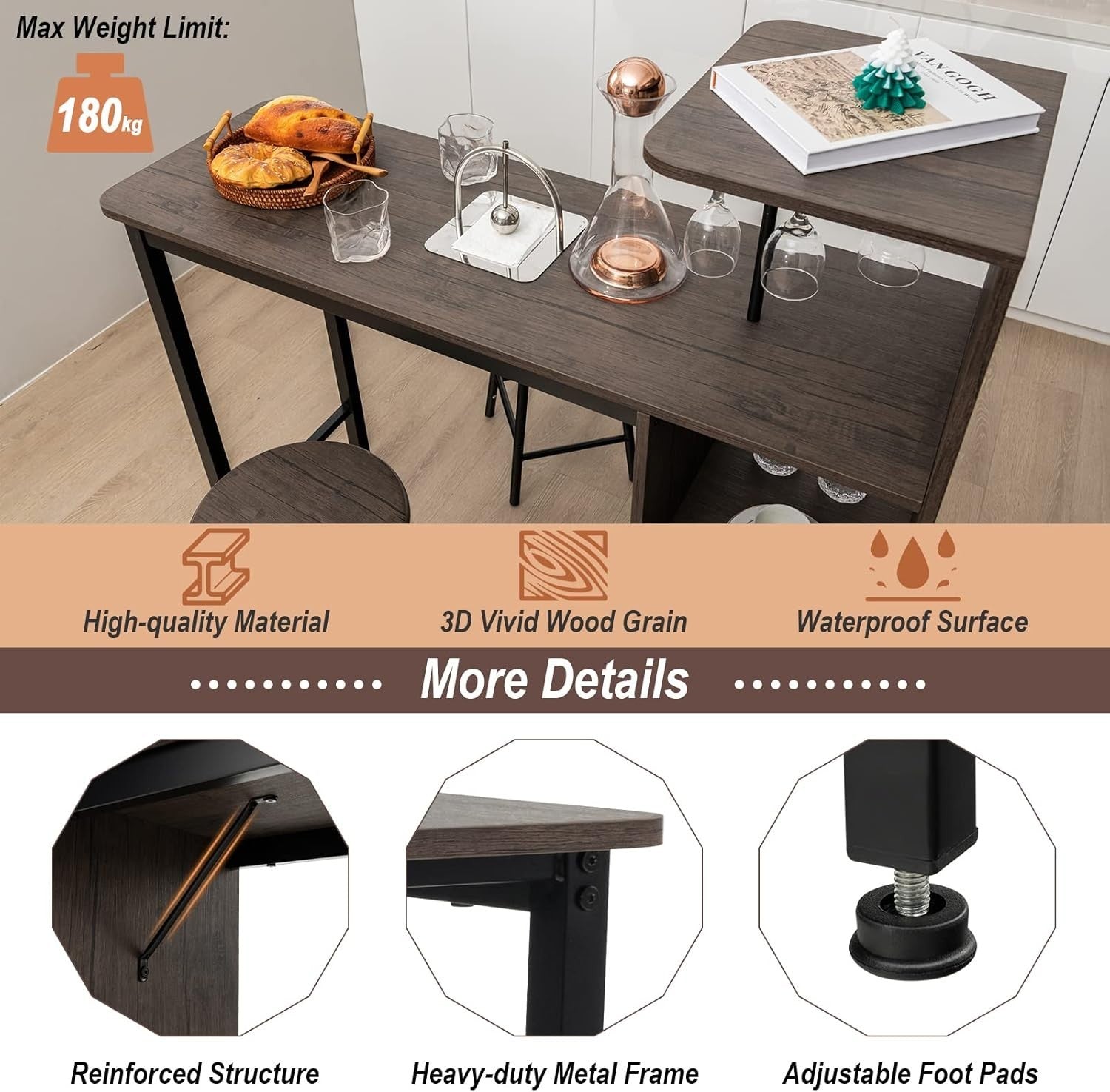 Brown Bar Table Set with Stools, Wine Rack, Glass Holders & Storage Shelves