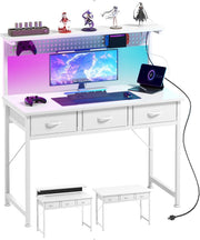 White Gaming Desk 110cm with LED Lights, Pegboard & 3 Storage Drawers