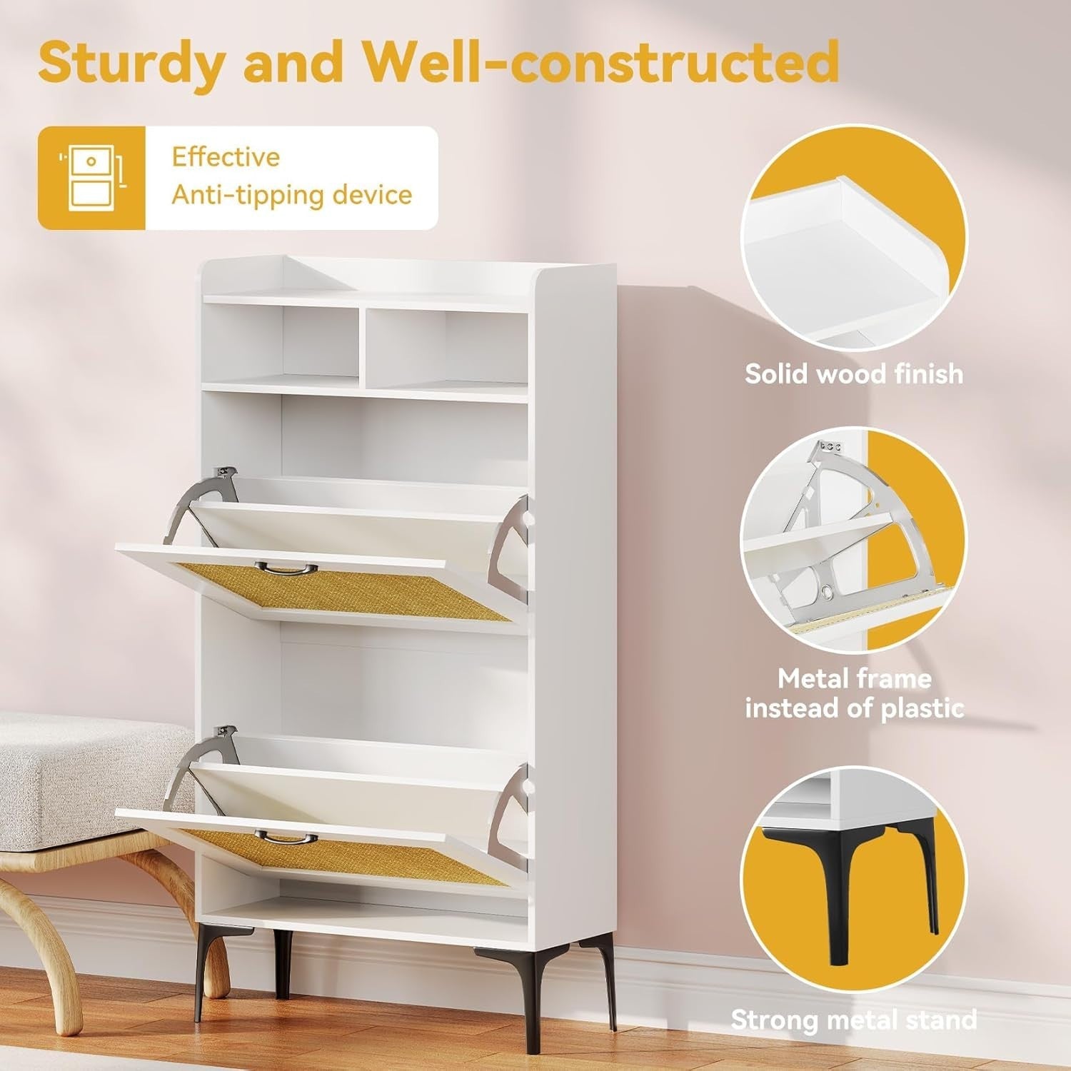 Compact Rattan White Shoe Cabinet 2 Flip Drawers + Open Storage 60x24x114cm