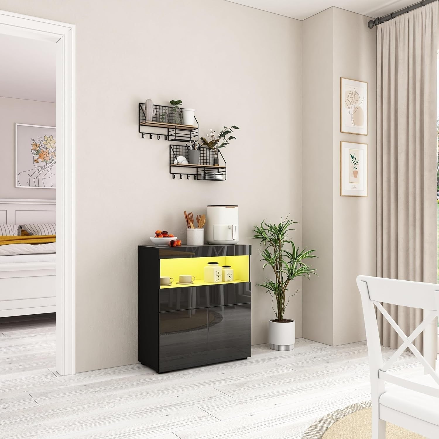 Black High Gloss Sideboard Cabinet with LED Lights, Storage & Lockable Doors