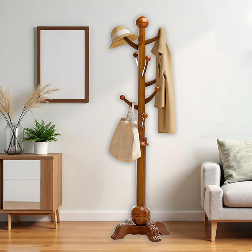 Wood Standing Coat Rack 8 Hooks | Heavy Duty Hat & Coat Stand 173cm
