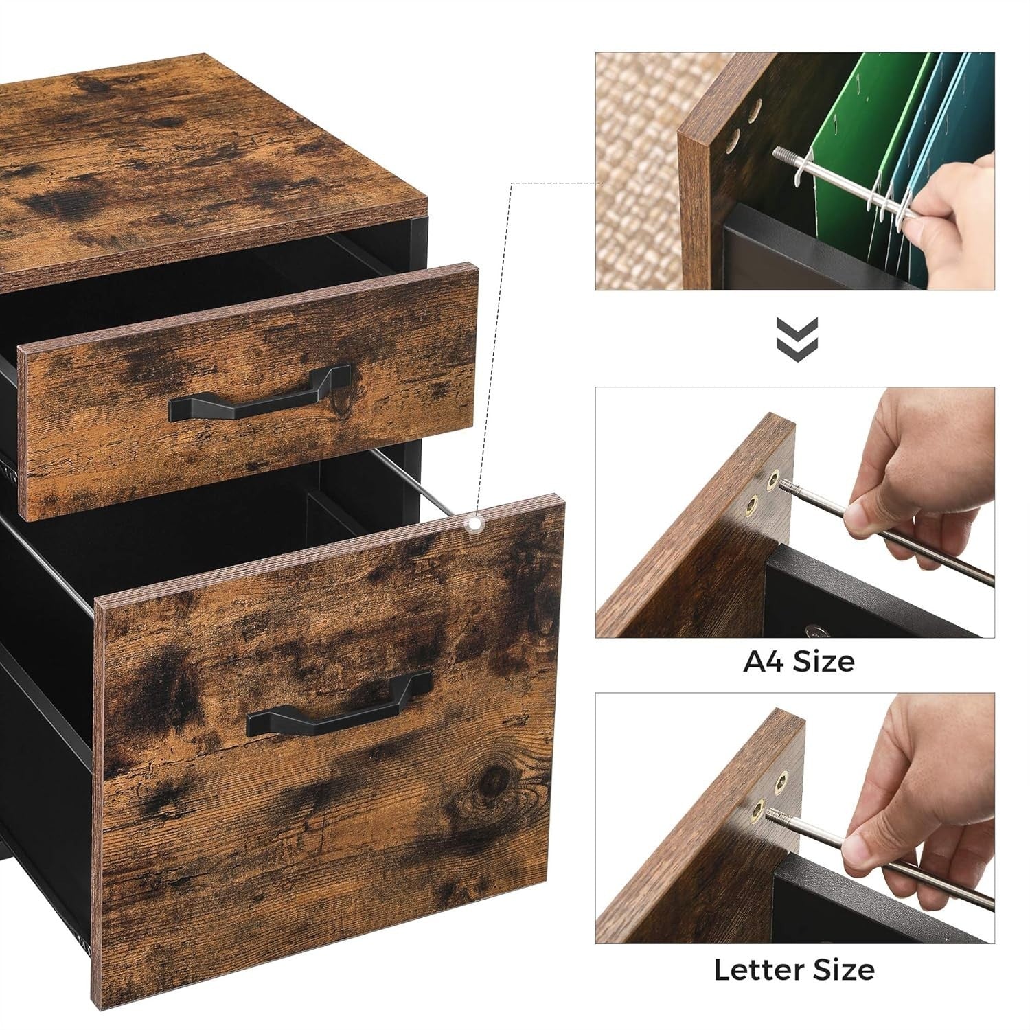 Rustic Brown & Black 2-Drawer Rolling Filing Cabinet – A4 Office Storage Unit