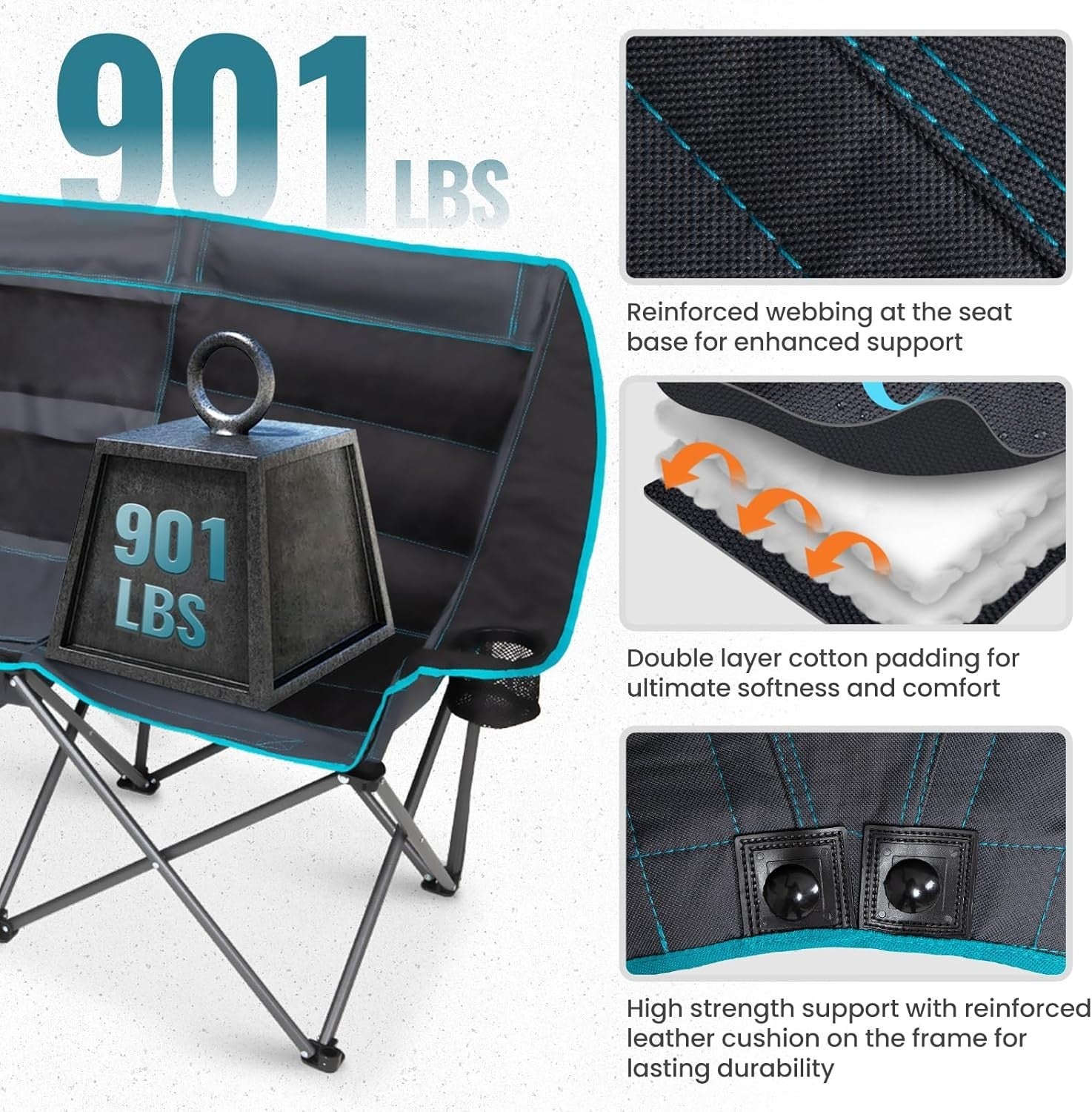 Triple Camping Chair 3-Seater Folding Sofa with Cooler Bag Padded Seat