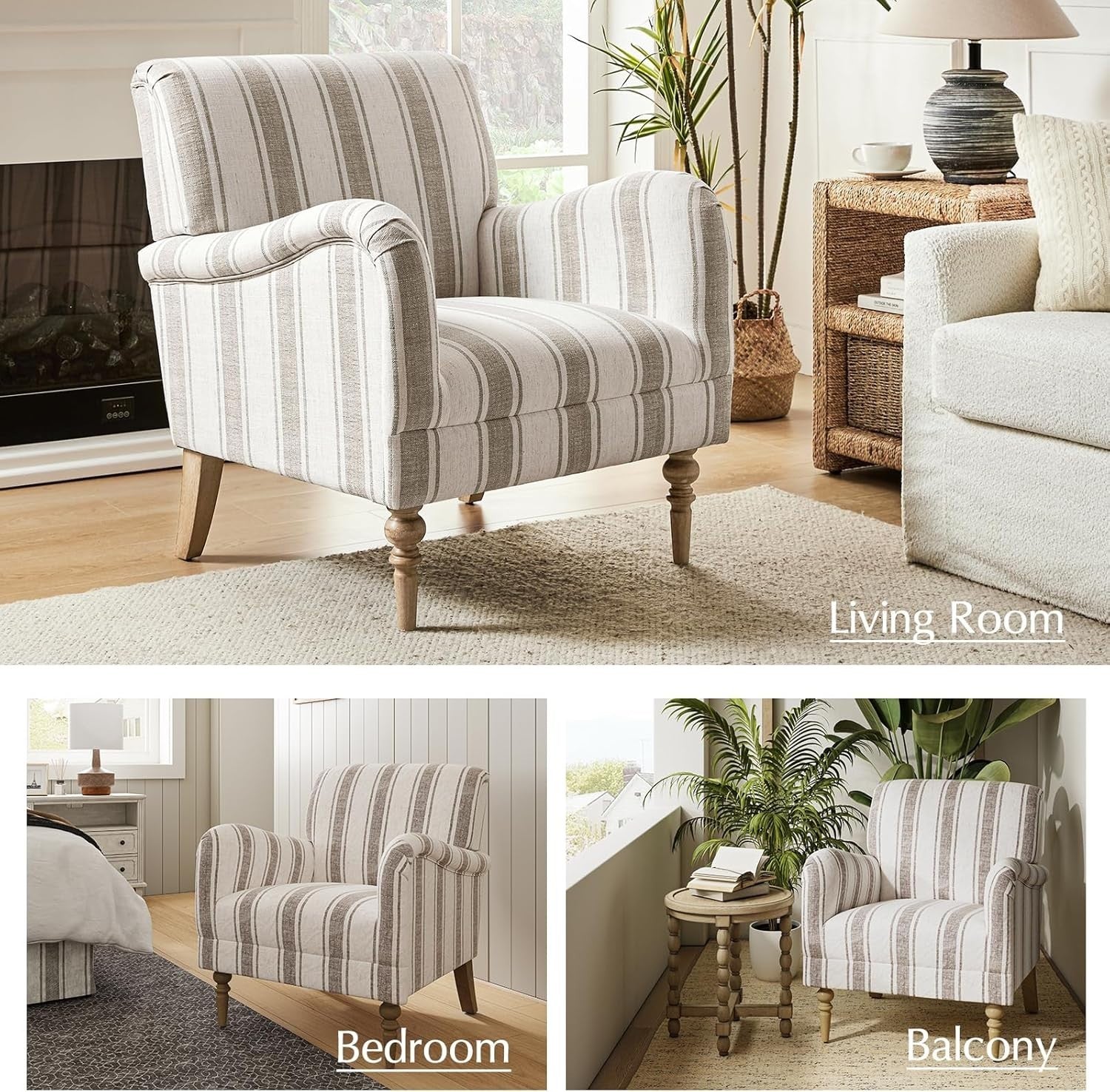 Striped Armchair Accent Chair Tan Upholstered Seat for Lounge Bedroom Home