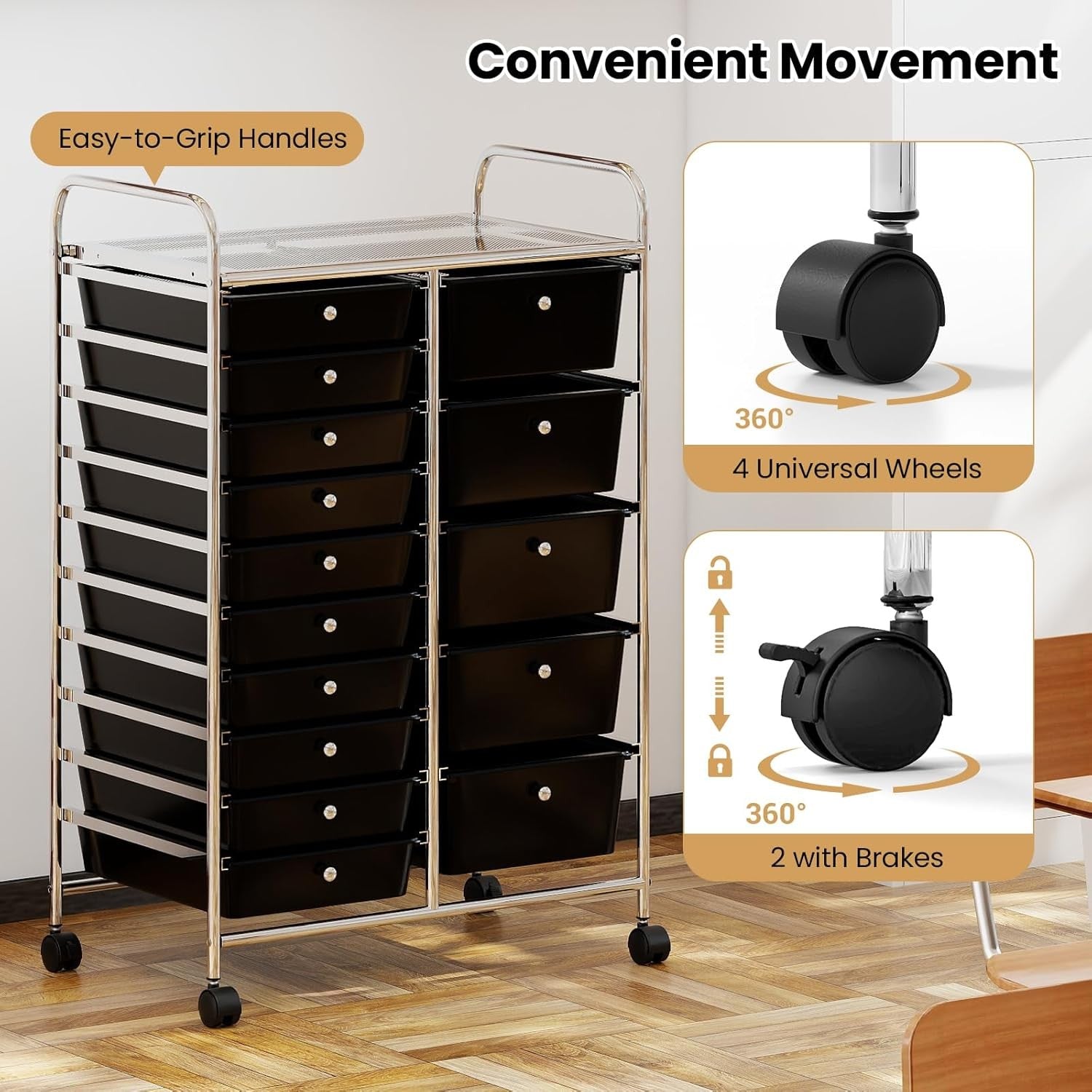 15 Drawer Storage Trolley Mobile Organizer Rolling Cart Lockable Wheels Black