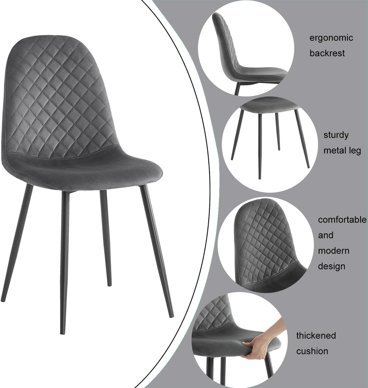 Grey Velvet Dining Chairs Round Marble Table Set 90cm 3pc Modern Kitchen