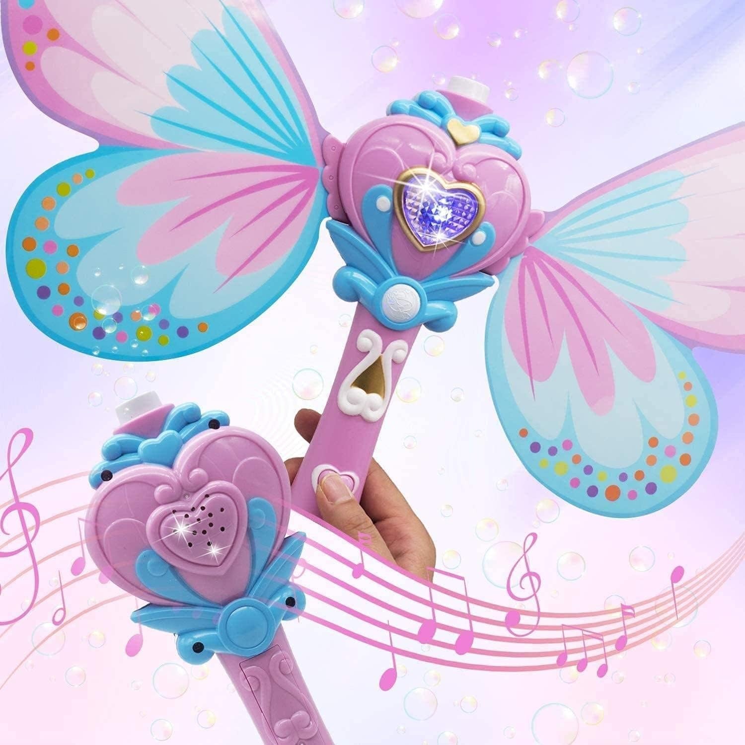 Kids Magic Bubble Wand Butterfly Fairy Light Up Musical Blower Pink
