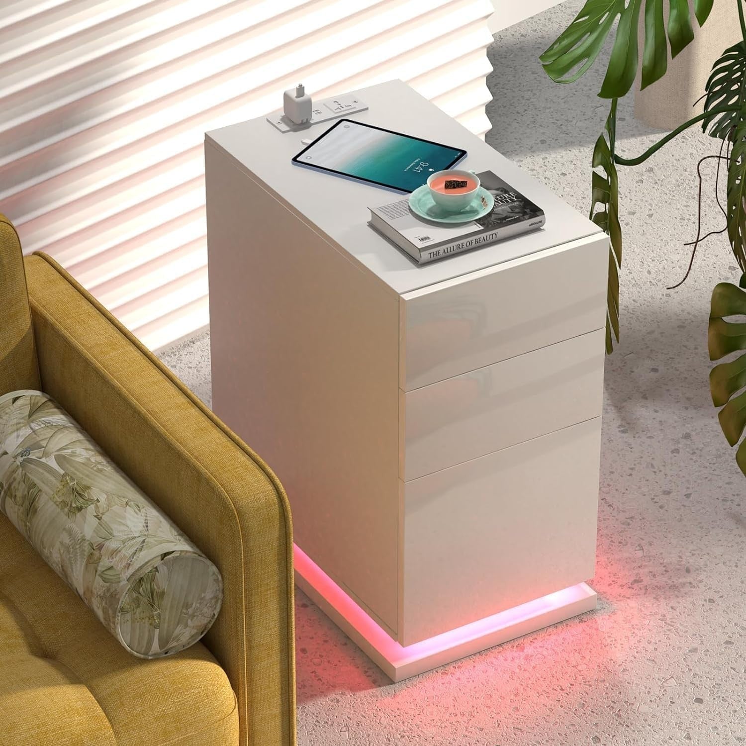 Modern LED Bedside Table with USB Charging, 3 Drawers, High Gloss Finish