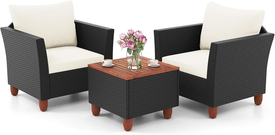 Outdoor Rattan Bistro Set 3 Piece Patio Chairs with Storage Table & Cushions