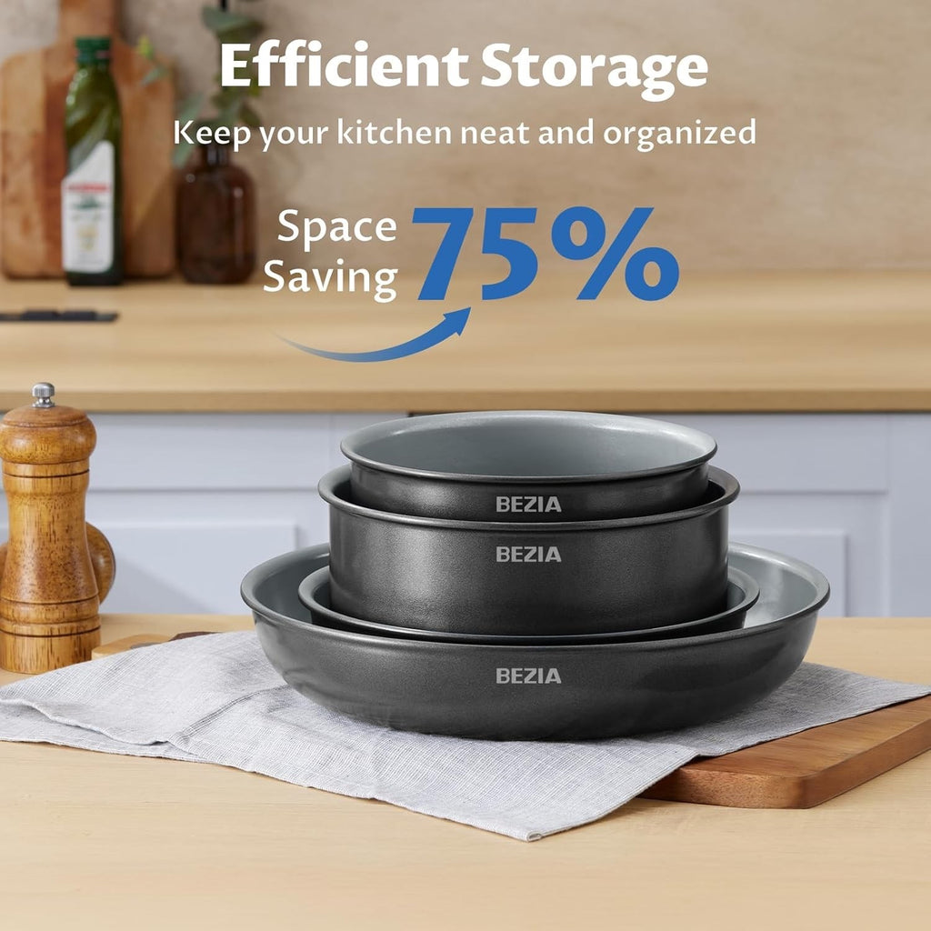 10pcs Gray Black Ceramic Non Stick Induction Pan Set  with Detachable Handles