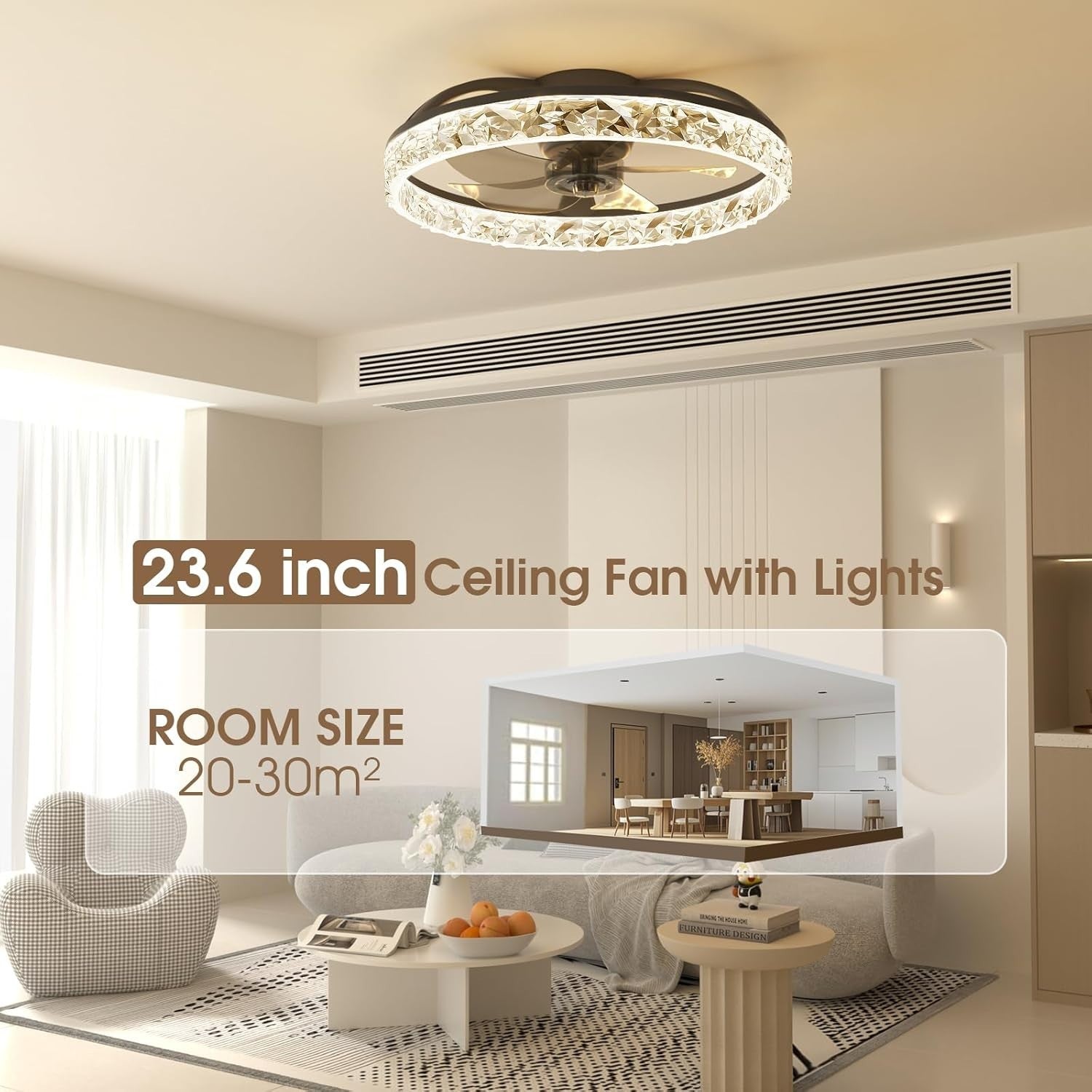 60CM LED Ceiling Fan Light, Remote & App Control, 6 Speeds, Black
