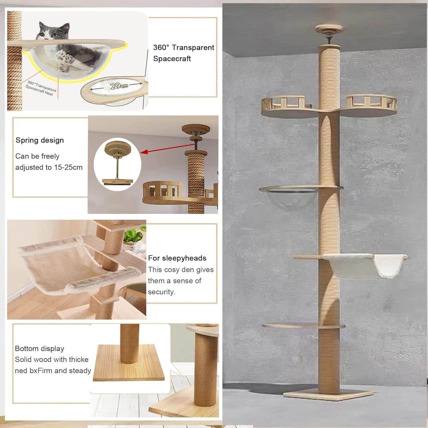 Floor to Ceiling Cat Tree Tower Adjustable Height Scratching Post Hammock