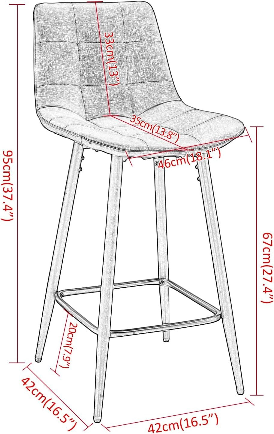 Grey Faux Leather Bar Stools Set of 2 – Fixed Height Kitchen Chairs