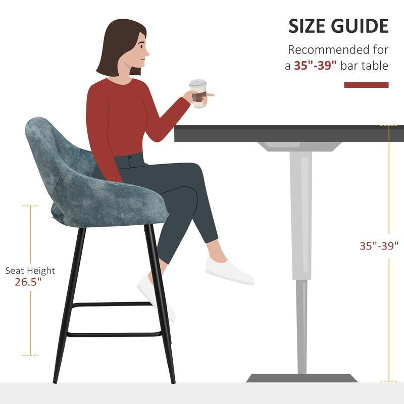 2x Velvet Bar Stools with Backrest Armrest Footrest for Kitchen Island