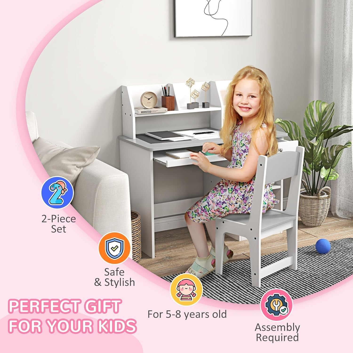 Kids Desk and Chair Set with Storage Drawer Study Table for Ages 5-8 Grey