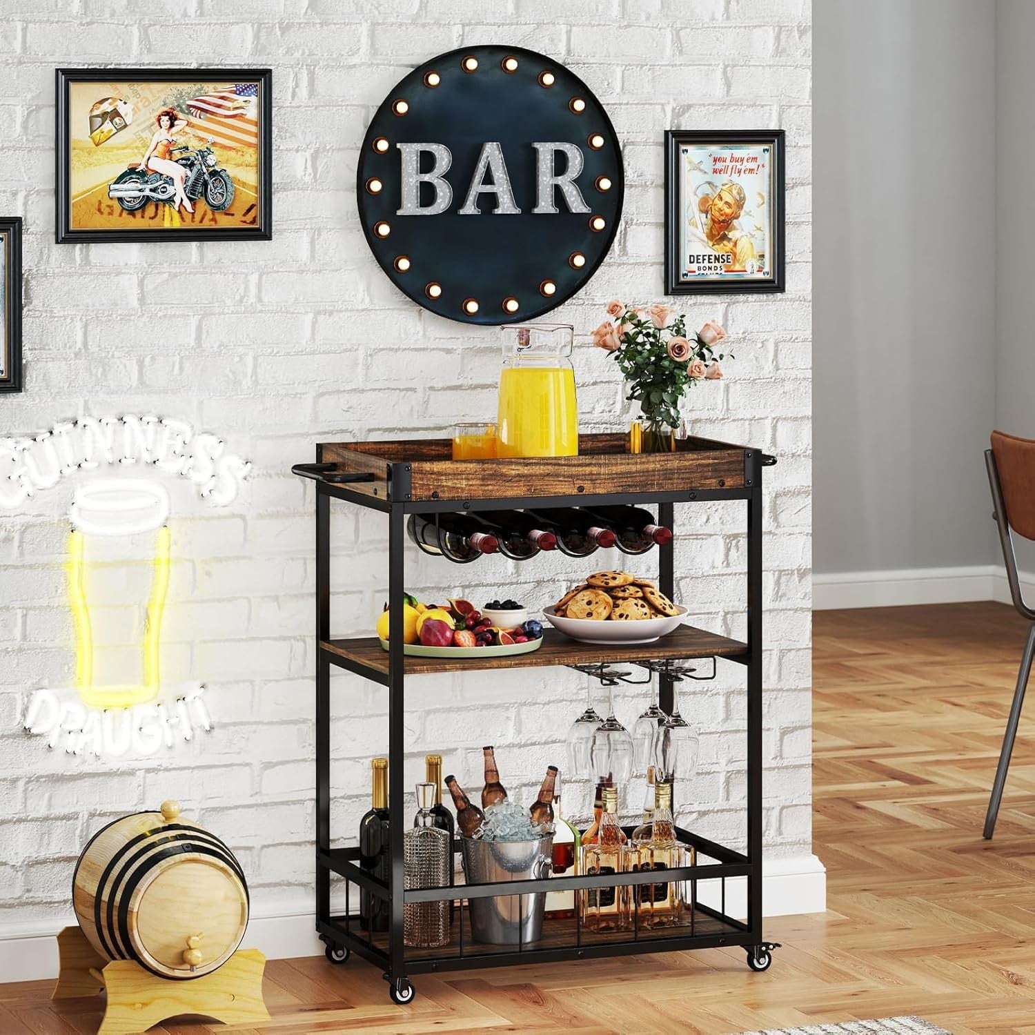 3 Tier Kitchen Trolley Rolling Bar Cart Wine Rack Serving Cart Wheels