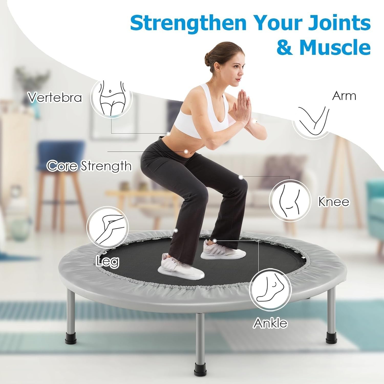 38in Foldable Fitness Trampoline Indoor Outdoor Rebounder 150KG