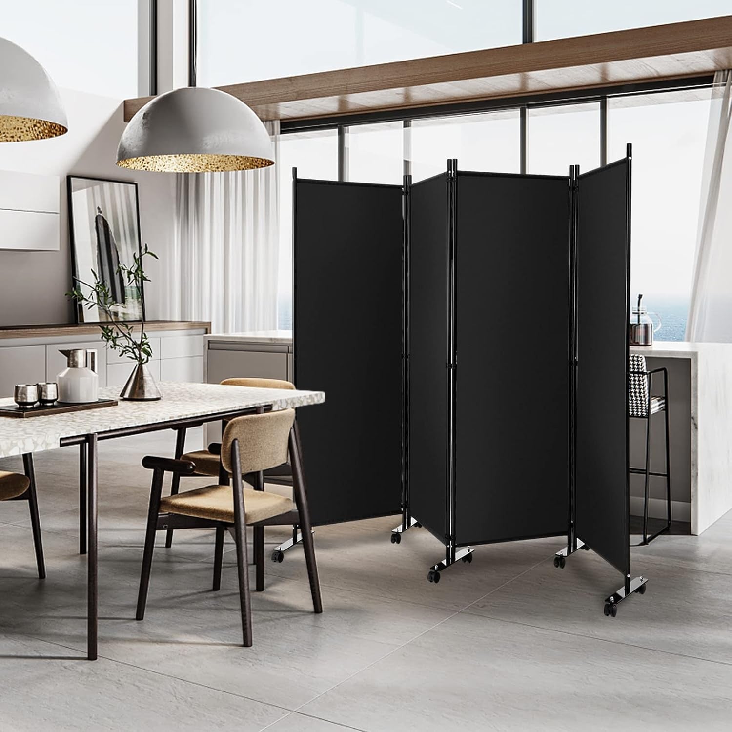 4 Panel Black Folding Room Divider Privacy Screen on Wheels for Home Office