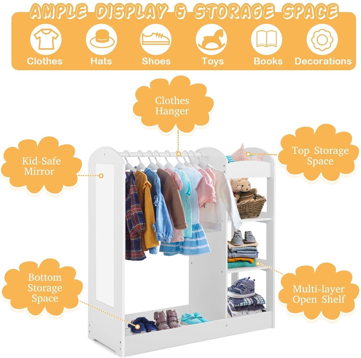 Kids Wooden Wardrobe Dress Up Storage with Mirror Clothes Rail Shelves White
