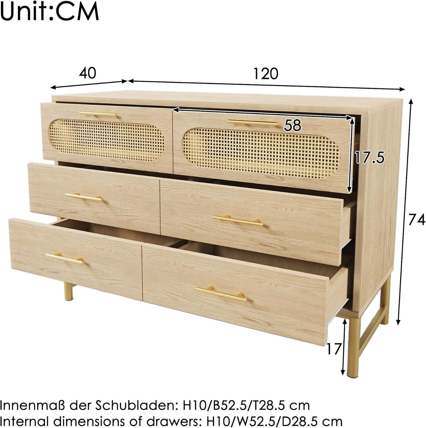 120cm Rattan Oak Sideboard Cabinet 6 Drawer Storage Unit for Hallway