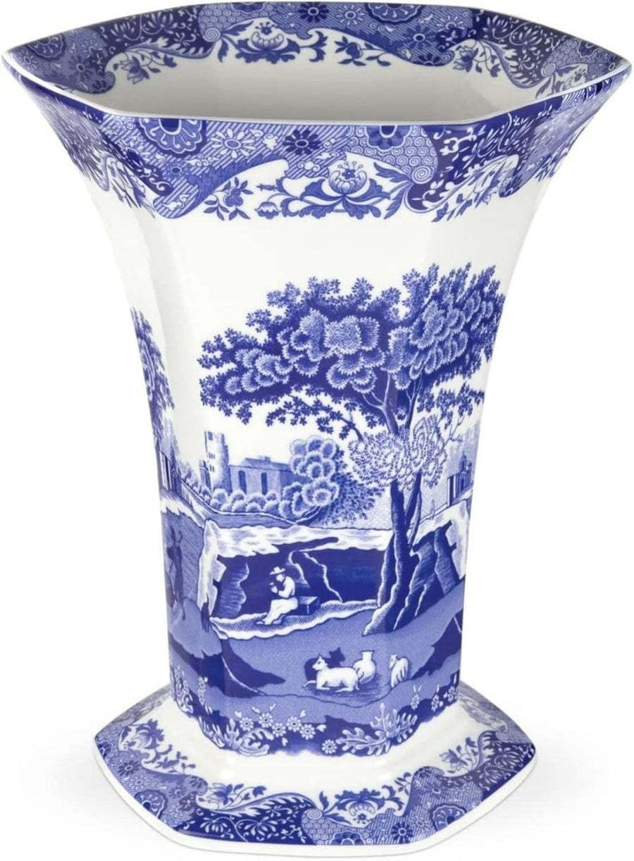Blue White Porcelain Flower Vase Hexagonal Classic Italian Style Table Decor