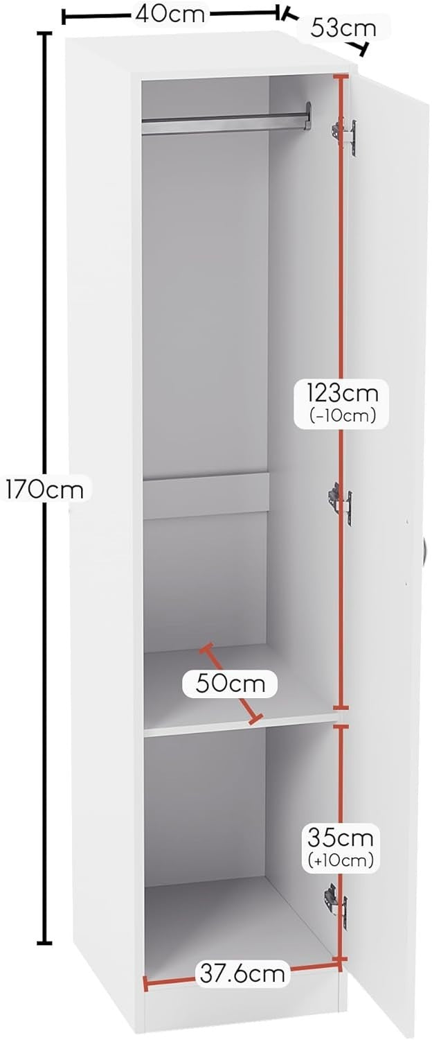 White Bedroom Wardrobe with Hanging Rail & Shelf | Modern 1 Door Storage