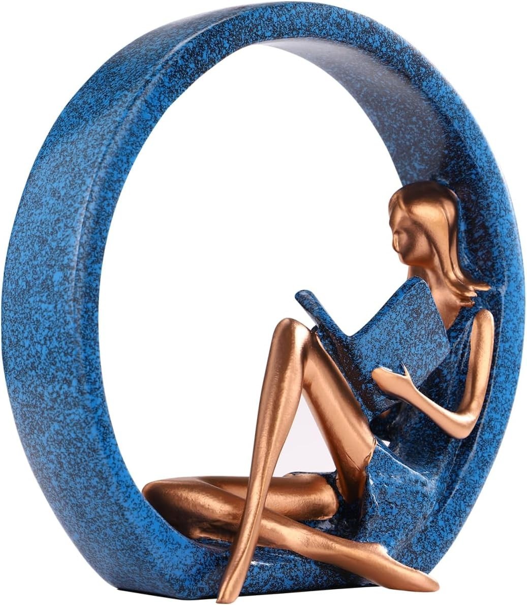 Modern Reading Girl Statue • Blue Resin Ring Sculpture • Elegant