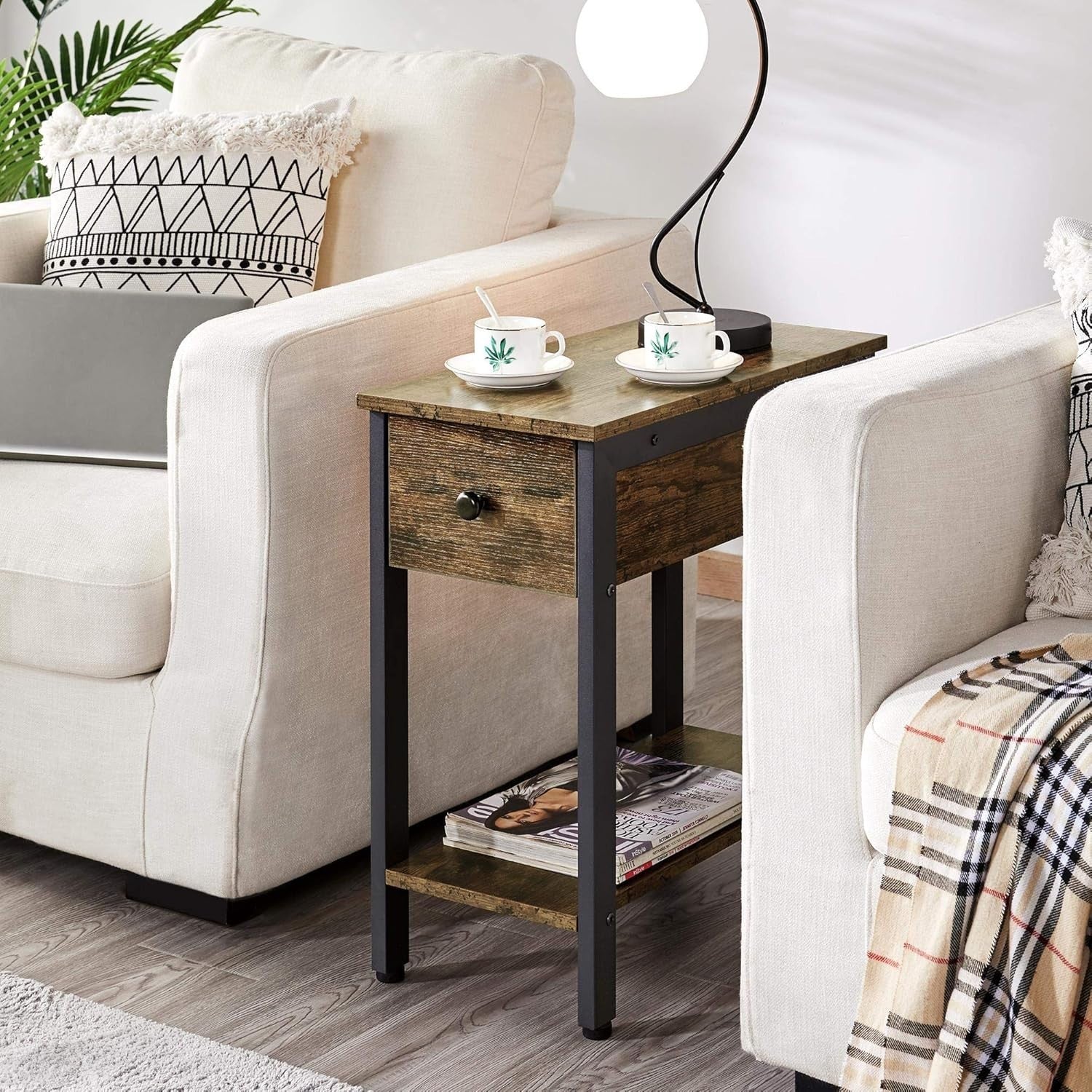 2-Tier Industrial Side Table with Drawer Narrow Rustic Brown 60x29.5x59.5cm