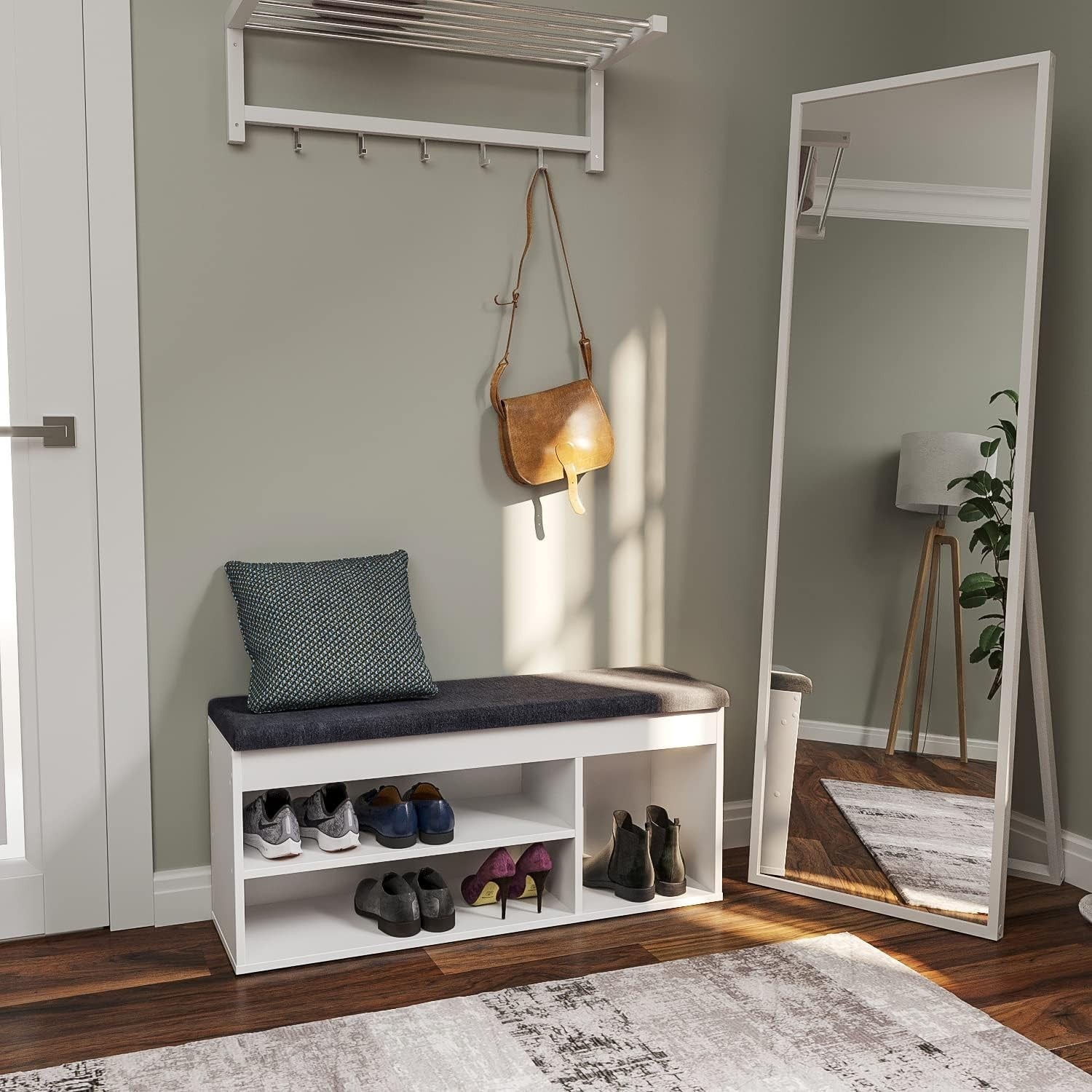 White Shoe Storage Bench with Cushion Hidden Compartment Wide Entryway Seat