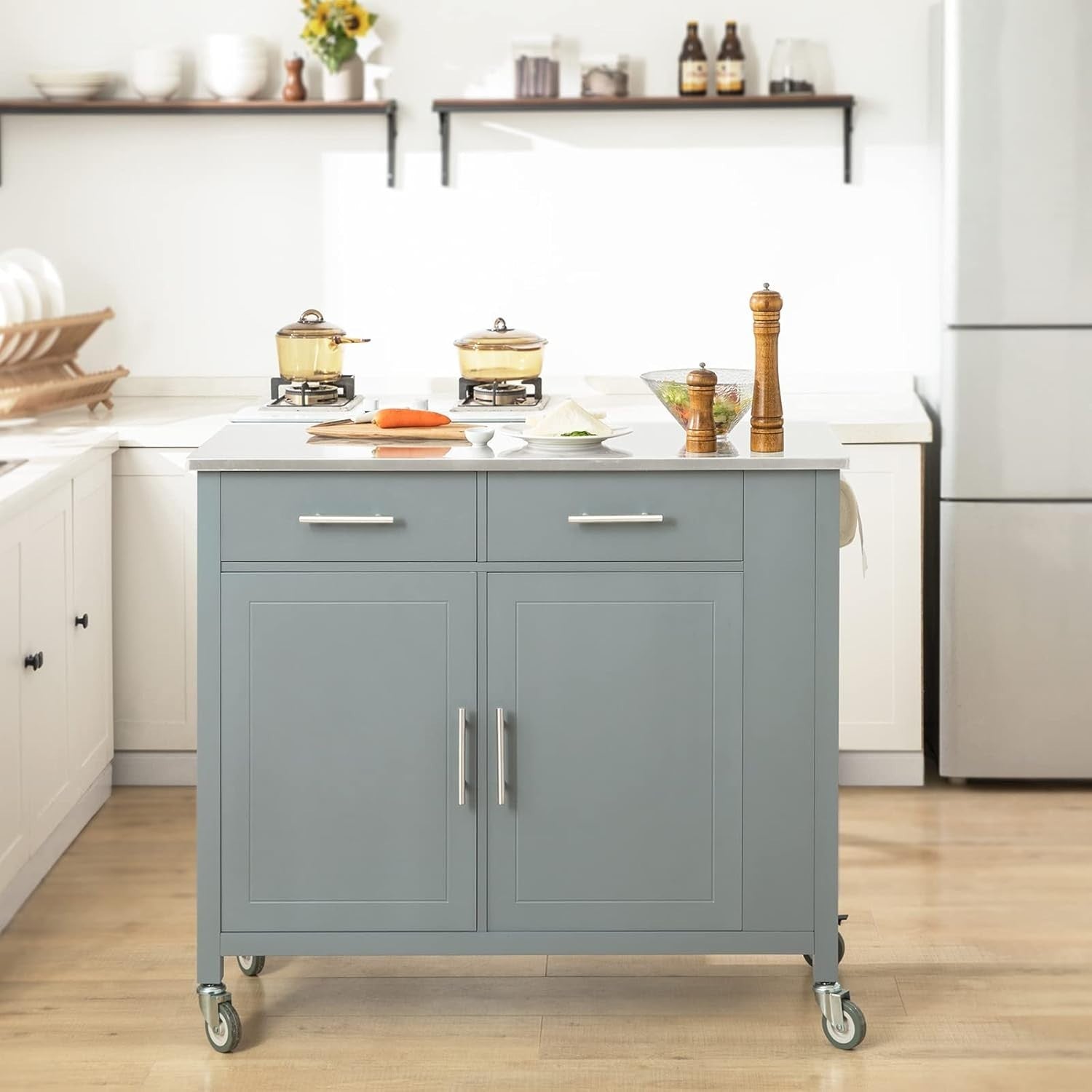 Rolling Kitchen Island Trolley Cart Grey with Drawers & Steel Top 107x46x94cm