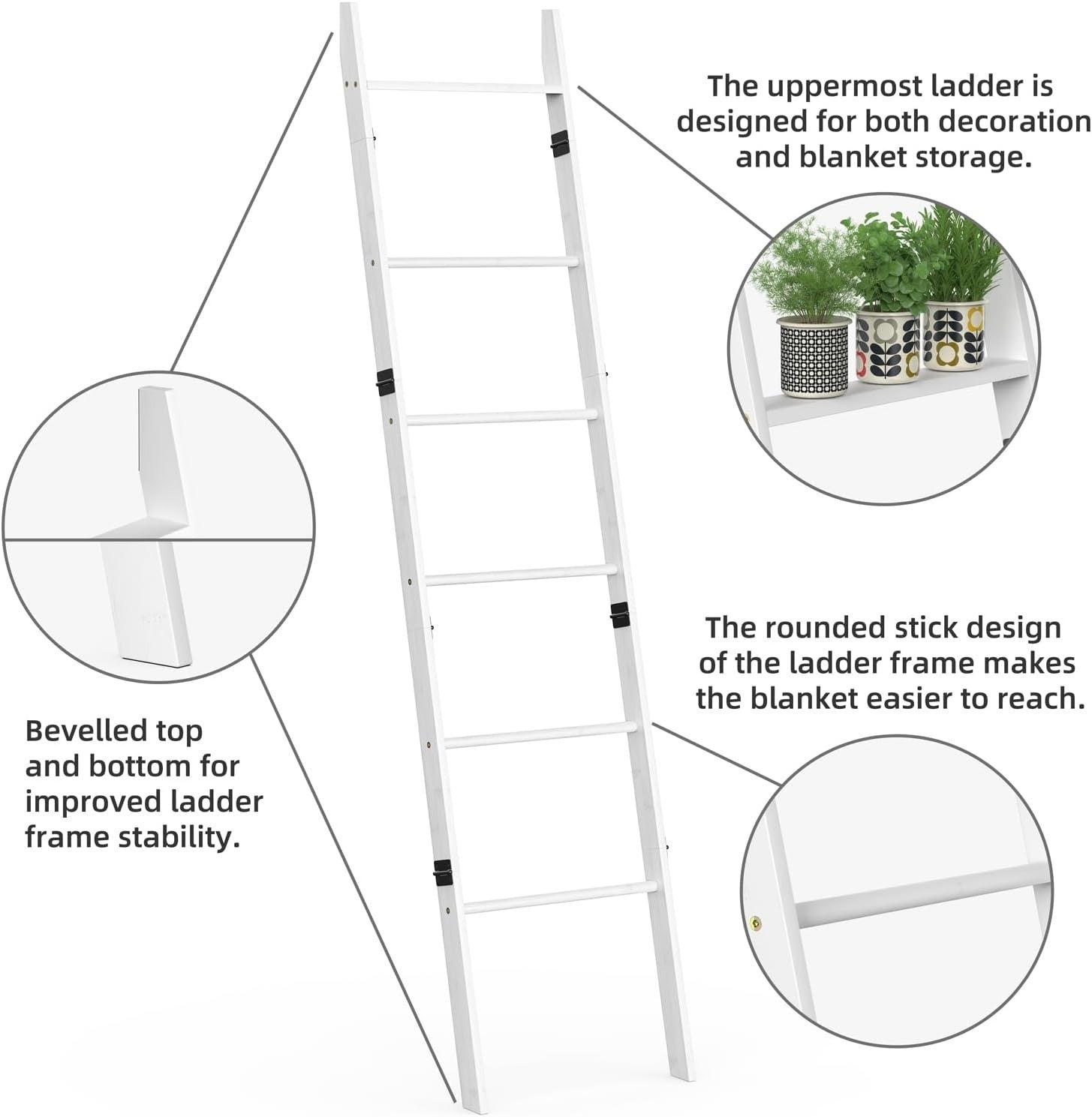 6 Tier Blanket Ladder Bamboo Towel Rack Leaning Storage Shelf White
