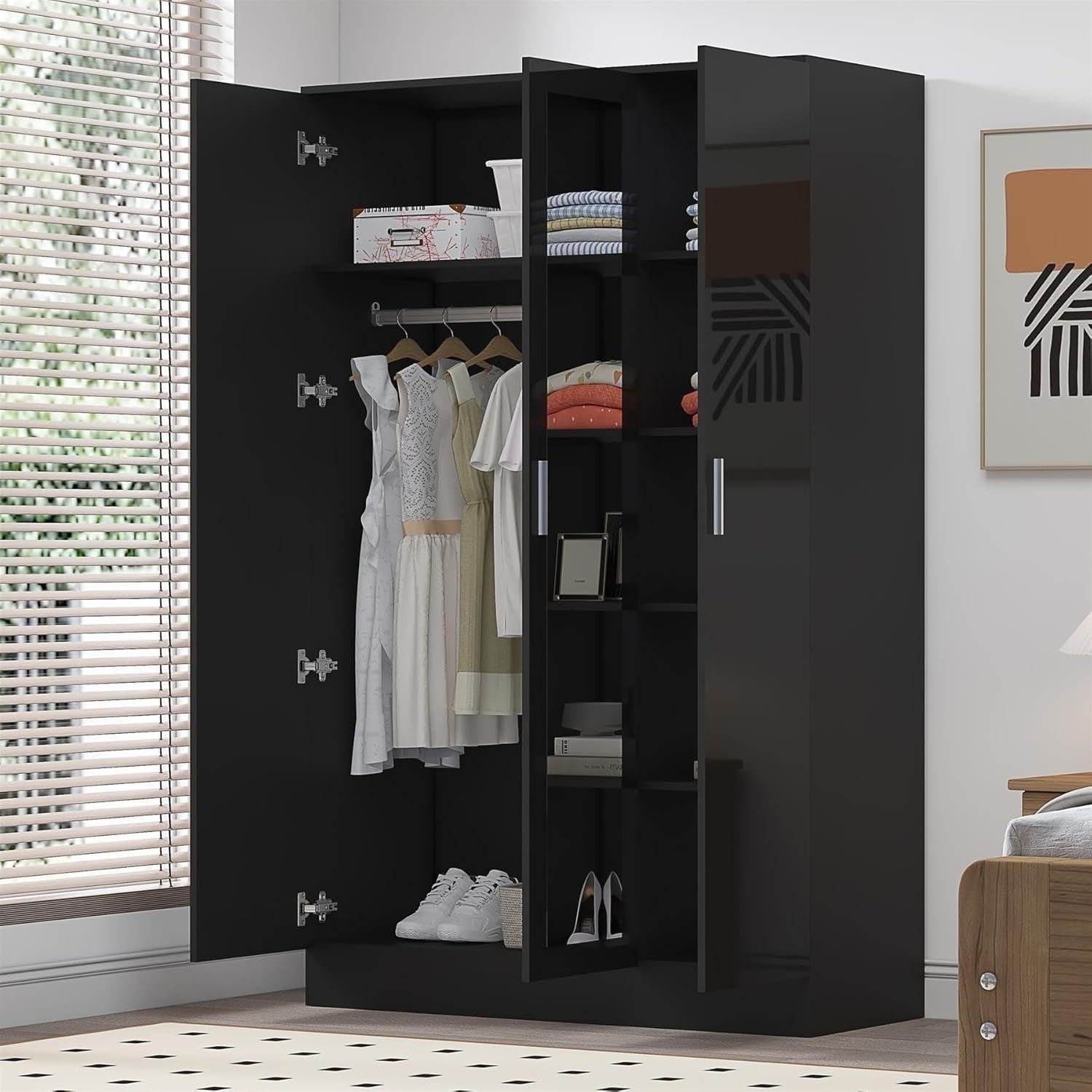 3 Door Mirrored Wardrobe Black Gloss & Black Oak with Shelves & Hanging Rail
