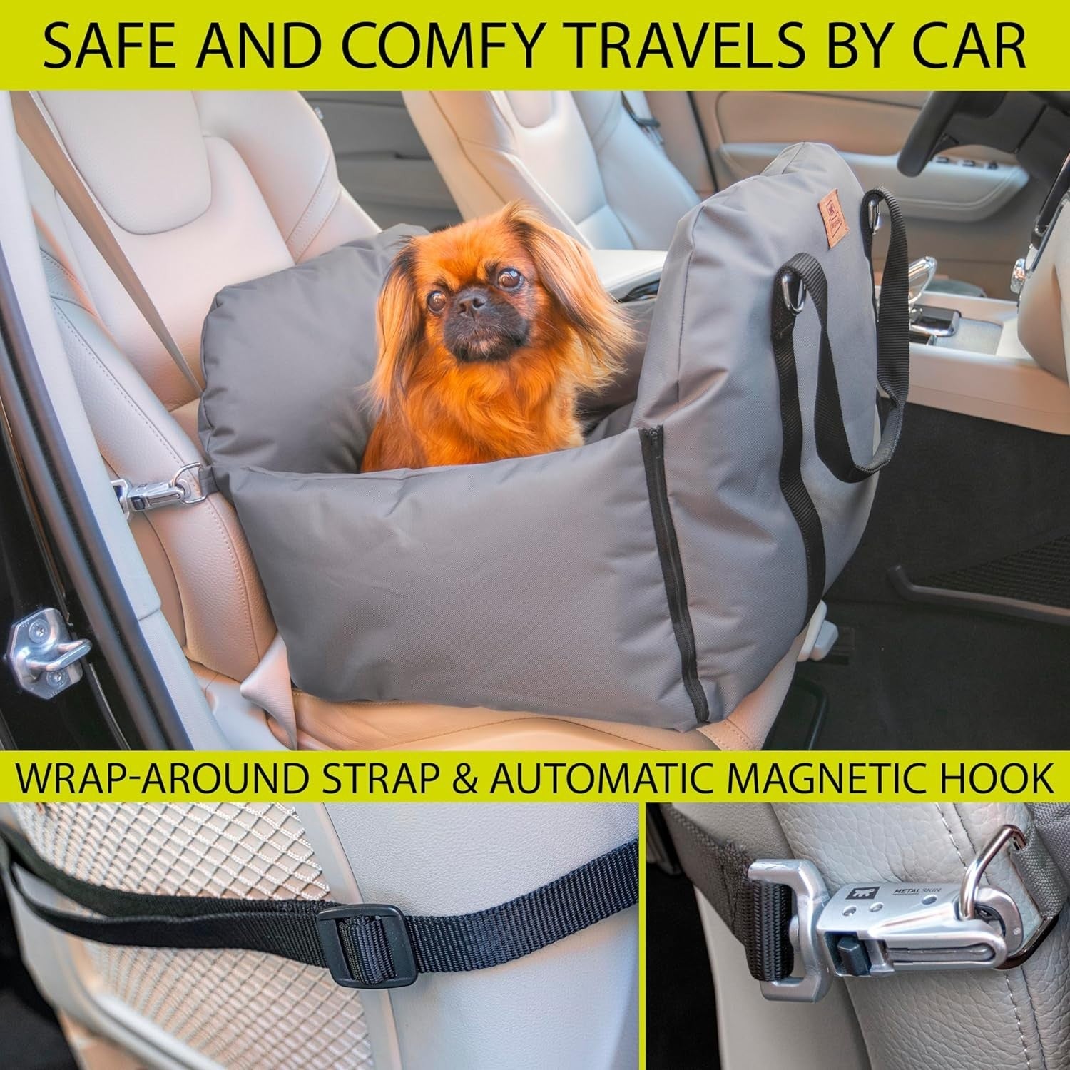 Dog Car Carrier Travel Bag Seat Belt Attachment Reversible Bed Grey