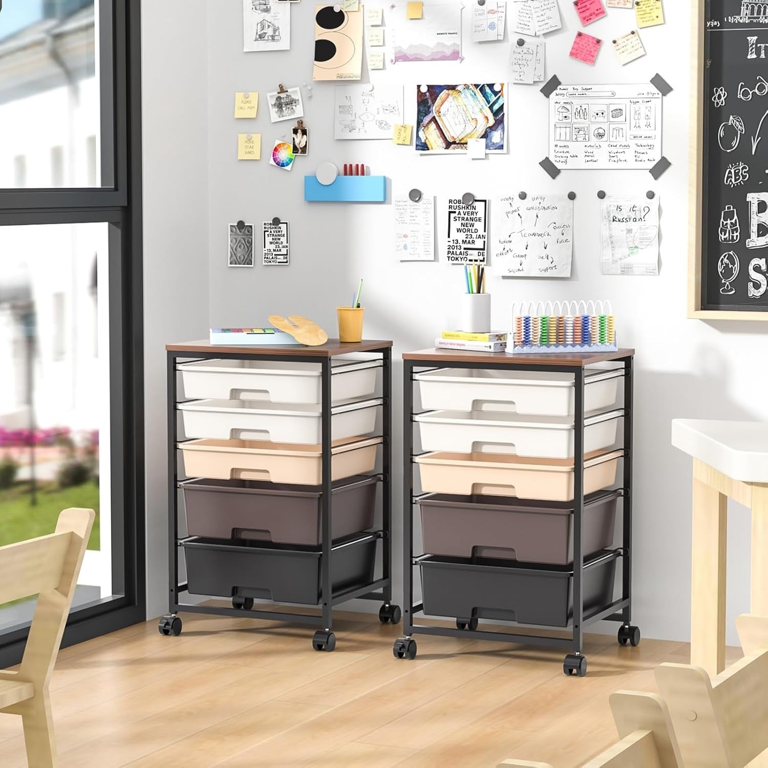5 Drawer Rolling Storage Trolley Cart with Wheels Utility Organizer Brown