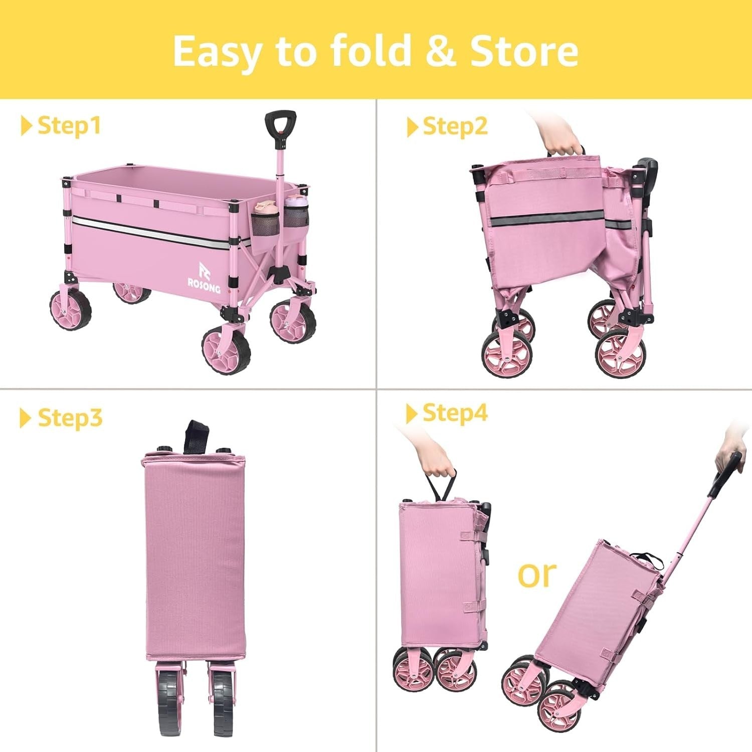 Collapsible Folding Wagon Cart Heavy Duty Utility Trolley with Wheels 120L Pink