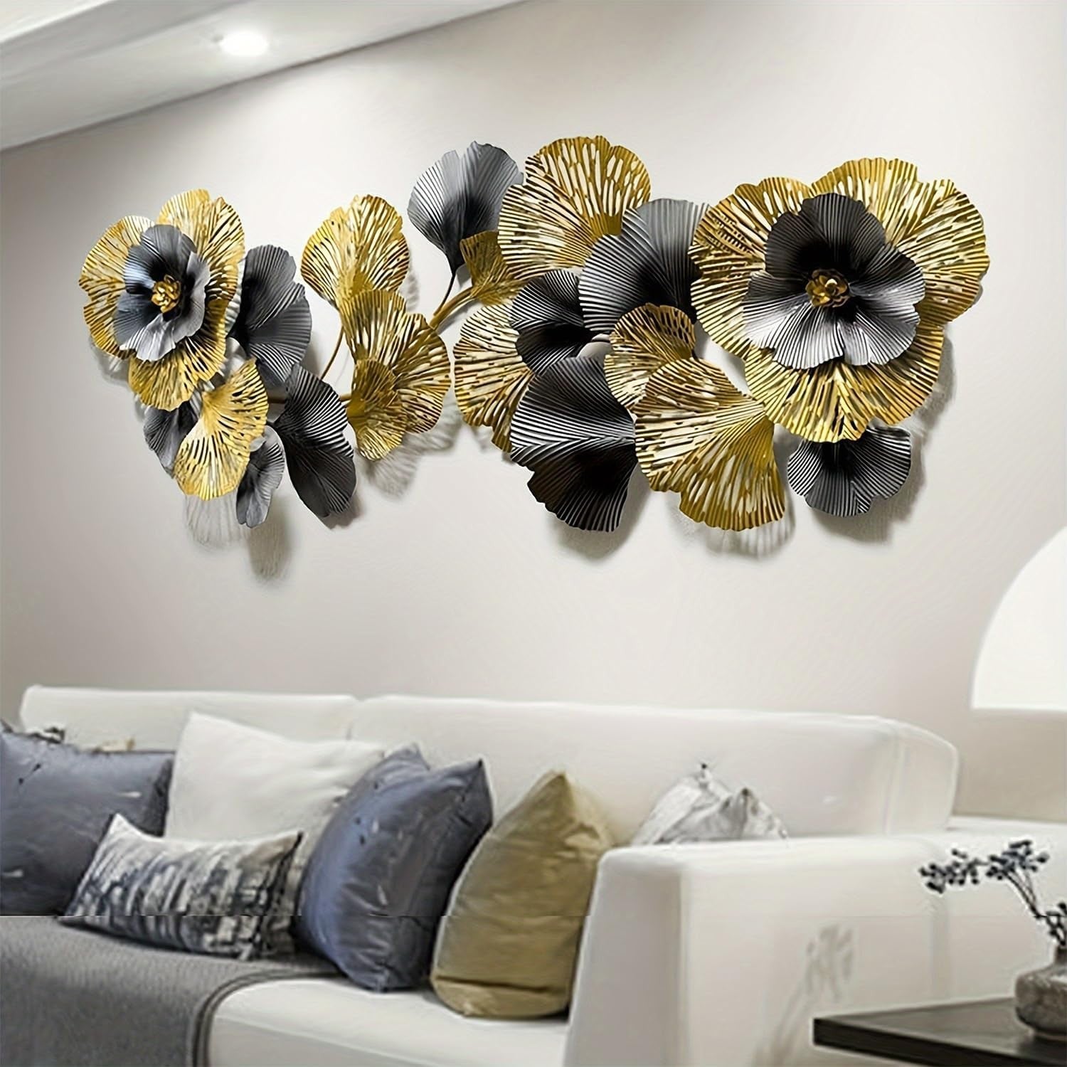 Extra Large Metal Flower Wall Art 145x55cm Black Gold Decor
