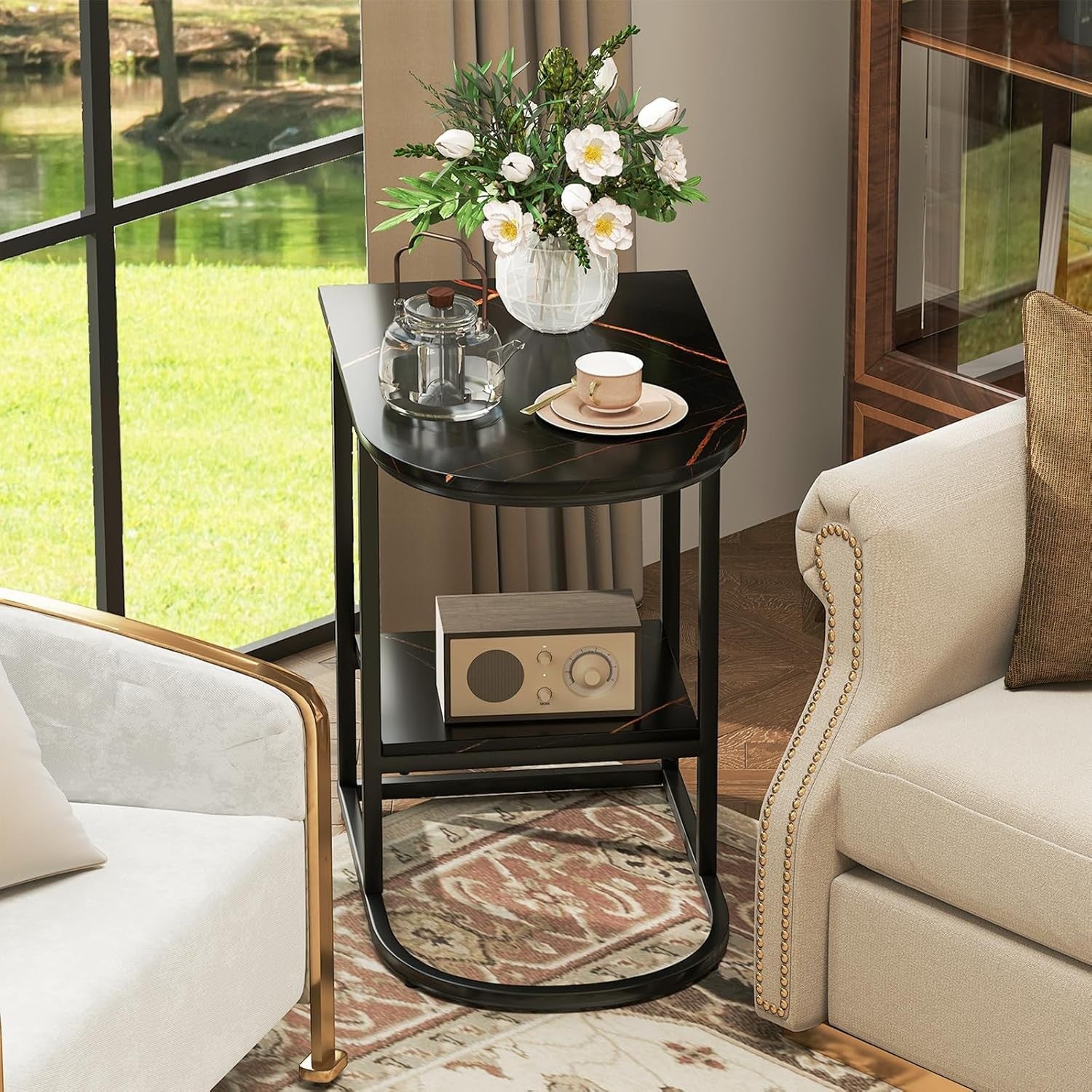 Modern C-Shaped Side Table with Faux Marble Top & Storage Shelf – Slim Overbed S