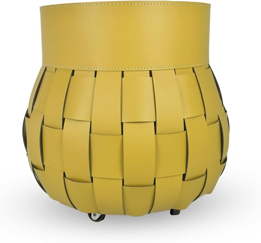 Yellow Leather Firewood Basket with Wheels – Indoor Log Holder, 45x45x48 cm