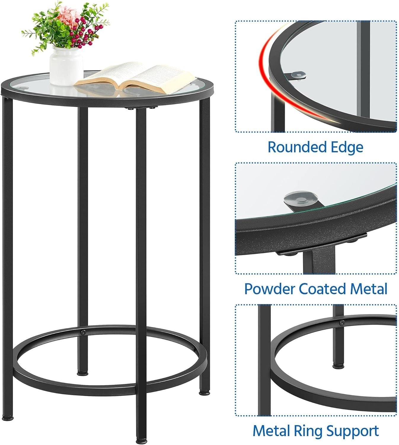 Modern Round Tempered Glass Side Table with Metal Frame, 40.5cm Top, Sturdy