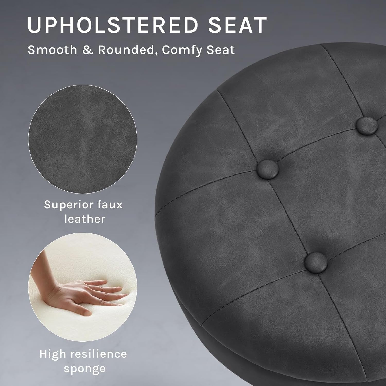 Anthracite Swivel Vanity Stool with Storage Adjustable Faux Leather Seat