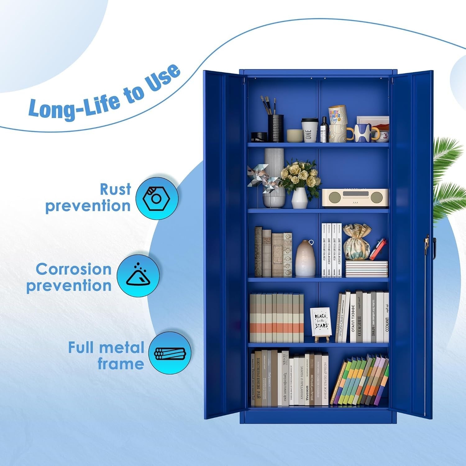 Blue Metal Storage Cabinet 180cm with Lock & Adjustable Shelves – Tall Cupboard