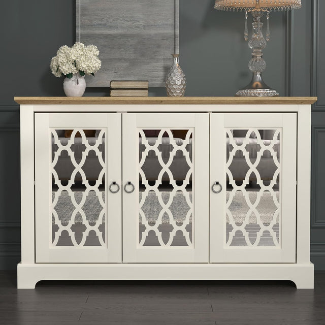 Ivory Oak 3 Door Sideboard Storage Cabinet Adjustable Shelves Durable Wood