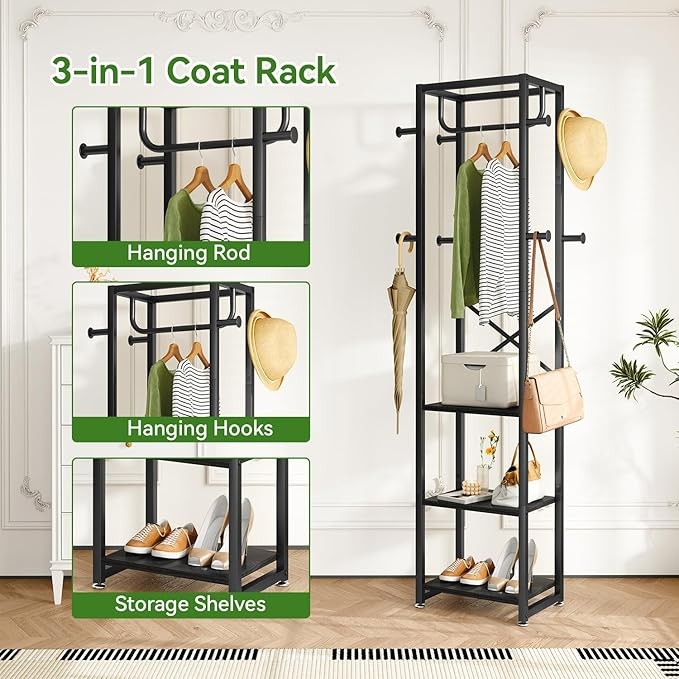 Black Industrial Coat Rack with Shelves & Hooks Freestanding Hall Stand