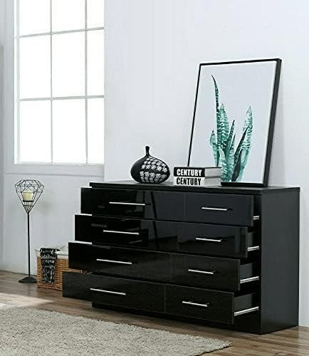 Black Gloss Chest 8 Drawers Bedroom Storage Cabinet Metal Handles Modern