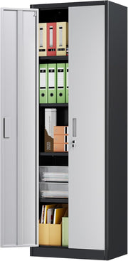 Black Grey Metal Storage Cabinet 2 Door Lockable Steel Cupboard Shelves 180cm