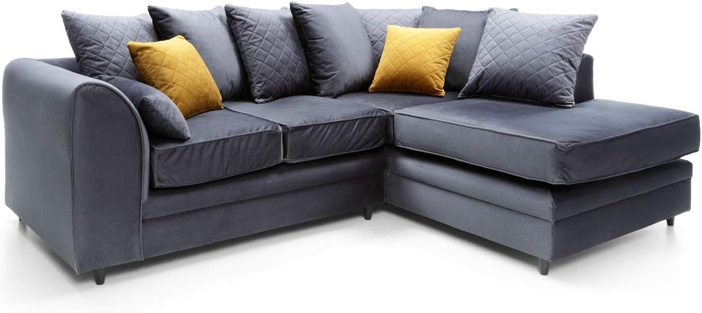 Dark Grey L-Shaped Corner Sofa Velvet Water-Repellent 3 Seater Right Hand