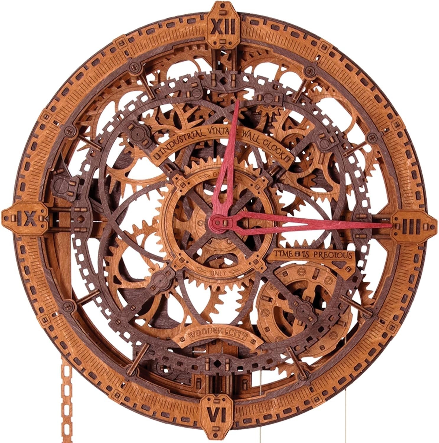 Vintage Industrial Wooden 3D Puzzle Clock Kit with Pendulum for Adults DIY